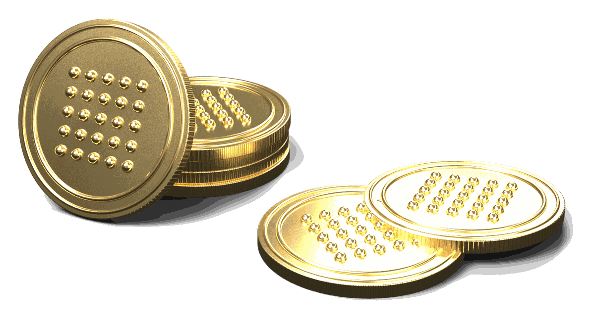 Stack of 24K gold coins with the IBI dot emblem