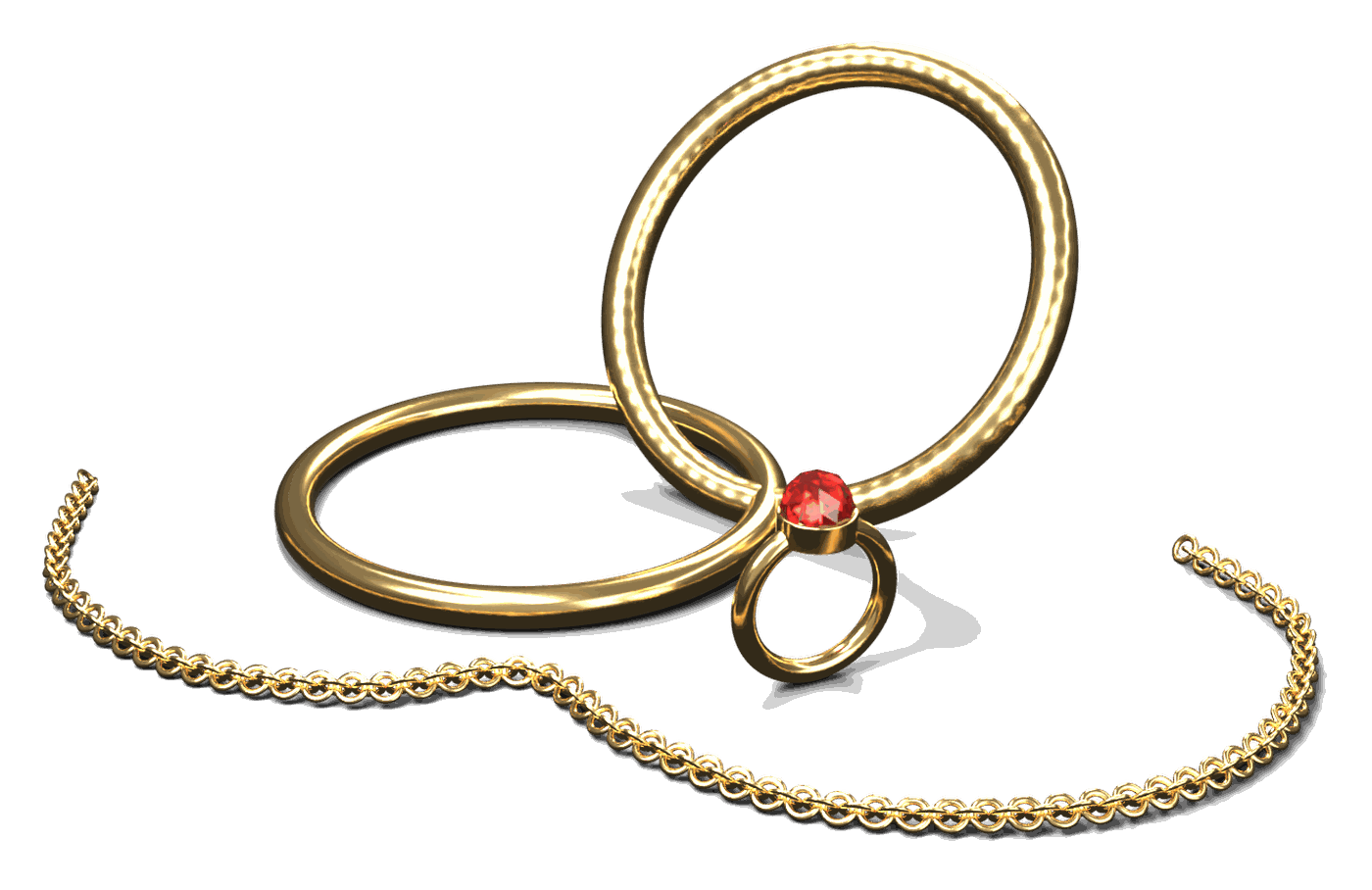 Two gold bangles, a ruby ring and a gold chain